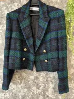 【ZARA】チェック柄ダブルブレストジャケット◆クロップド