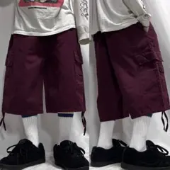 90s カーゴ バギーパンツ ショーツ パラシュート ドローコード ワインレッド