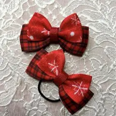 クリスマス赤いチェック柄ヘアゴム 2個セット