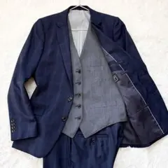 【美品】メンズビギ スリーピース スーツ セットアップ チェック ネイビー M