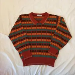 古着　vintage ニット　トップス　幾何学柄　チェック　総柄　茶色