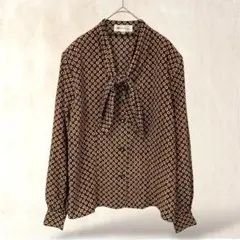 高島屋　長袖ブラウス　9AR／M　ノーカラー　総柄　リボン　上品　高級　キレイめのサムネイル