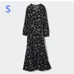 UNIQLO プリントVネックフレアワンピース S ブラック 花柄