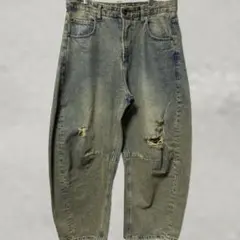freak's store ワイドシルエット ダメージ加工 カーブ デニムパンツ