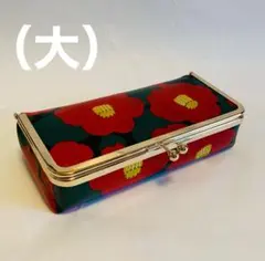 赤い椿ラミネートボックス型がま口ポーチ（大）ハンドメイド