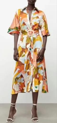 超希少 美品 ザラ ZARA フラワープリント シャツワンピース ベルト付き