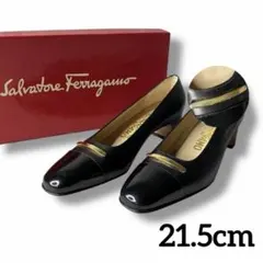 美品 フェラガモ パンプス ローファー ヒール プレート ロゴ ビジネス 黒