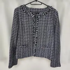 超美品 ツイード風 ジャケット ノーカラージャケット 黒白 11号