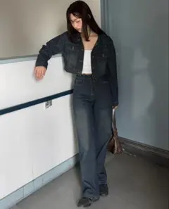 ダークデニム クロップドジャケット パンツセットアップ