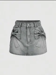 リボン付きグレーデニムミニスカート