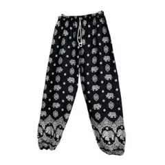 【黒・象柄】タイパンツ フィッシャーマンパンツ FREE SIZE 新品