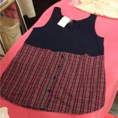 15.新品未使用 チュニック 紺色赤チェック　ダブクロのサムネイル