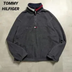 90s TOMMY HILFIGERハーフジップフリースグレー刺繍ロゴ防寒人気