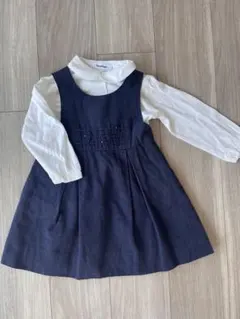 現行) ファミリア　お受験　ネイビー 半袖 ワンピース ファミリア ネイビー 半袖ワンピース 紺 リボン 110 小学校受験 学校