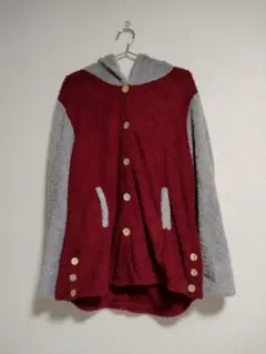 こ*ん様 フリース フード付きパーカー 赤とグレー　厚手　ゆったり　ロングコート