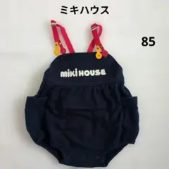 ミキハウス 85 ネイビー ダルマオール ロンパース サスペンダー ロゴ