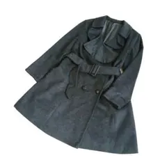 フリル襟 ダークグレー ダブルブレスト ロングコート ベルト付き