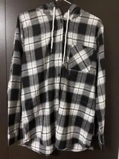 フード付きチェックシャツ ブラック・ホワイト