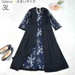 【大きいサイズ 3L】　カラルス　ス刺繍レース切替デザインワンピースドレス　黒