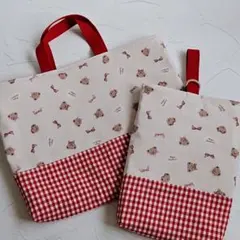 【misa様専用オーダーページ】レッスンバッグ　くま　赤　チェック