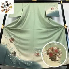 MK-1443 訪問着 手描き 草花模様 暈し しつけ糸 縮緬 松葉色