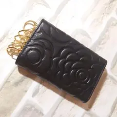 レディース カード入れ付きキーケース ブラック 花模様