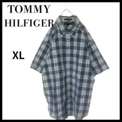 TOMMYHILFIGERトミーヒルフィガーチェック柄半袖シャツ青XL刺繍ロゴ