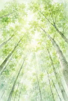 水彩画風　森林浴　自然　森林　緑　風景画　木漏れ日　初夏　イラスト　C104