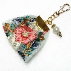 ✡️インド刺繍リボン&パールチャームミニキーホルダー~水色系ハンドメイド