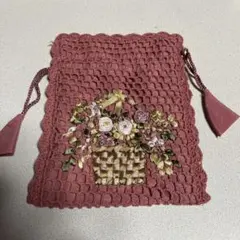 ハンドメイド ピンク 巾着袋 花刺繍