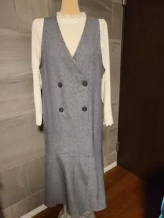 大きいサイズ 4Ｌ グレー ダブルボタン ノースリーブ ワンピース