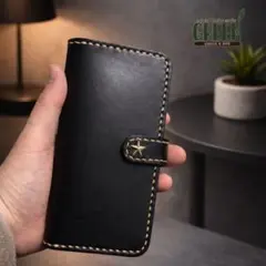 栃木レザー　ブラック　iPhoneケース　　手帳型　本革　スタッズ　星