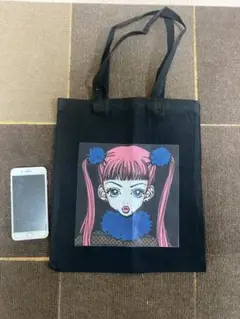 イラスト付き黒トートバッグ ご近所物語