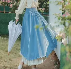 青 シフォン フレアスカート ロング丈