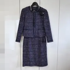 美品■ハナエモリ■セレモニー・ツィードスカートスーツ■ネイビー系■38サイズ■