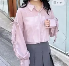 袖リボンラメシアーショートシャツ