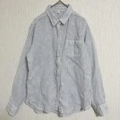【無印良品】青 白 ストライプ 長袖 シャツ リネン 麻 M