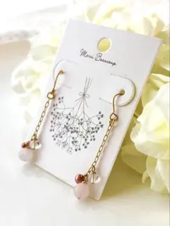 天然石ローズクオーツ&水晶、淡水パールの春色ピアス