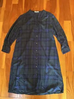 ダークグリーン チェック柄 長袖シャツワンピース