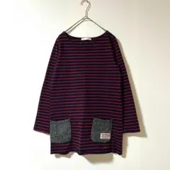 デルカント 長袖シャツ ロング丈 ボーダー柄 ネイビー レッド L
