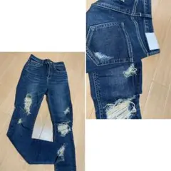 ダメージ加工 ダークブルー スキニーデニム