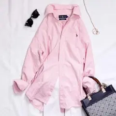 超美品 ラルフローレン ピンク白ストライプシャツ 茶色ポニー ゆったり