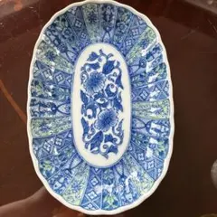 竹斎シリーズ　青　緑染付 楕円銘々皿 5枚セット 花柄 和食器　三陽陶器　龍峯竈のサムネイル