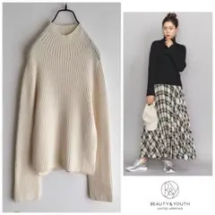 ◯ユナイテッドアローズ【洗える】リブ編み 袖スリット タートル ニット 白