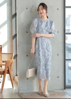 PREFERIRレース　刺繍　ブルー　グレー　パーティードレス　M