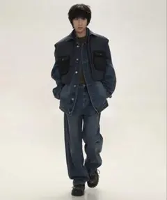 MASONPRINCE サイドラインワンポイントロゴセミワイドデニムパンツ