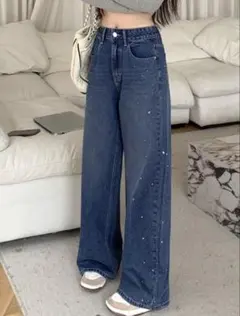 SHEEN DAZY ラインストーン ワイドレッグジーンズ ダークウォッシュ