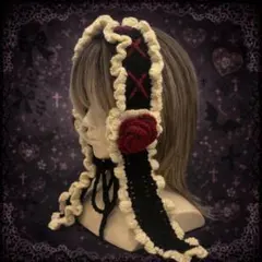 ヘッドドレス ゴスロリ 地雷 赤薔薇 レースアップ フリル うさぎ