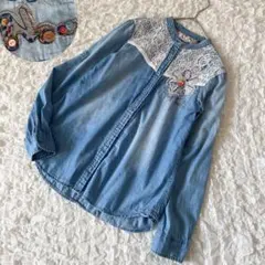 デシグアル　バンドカラーデザイン　リメイクデニムシャツ　レース　刺繍　ボタン　蝶のサムネイル