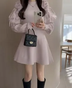 m*中様 GRL チュールショルダーファーフレアニットミニワンピース tu147